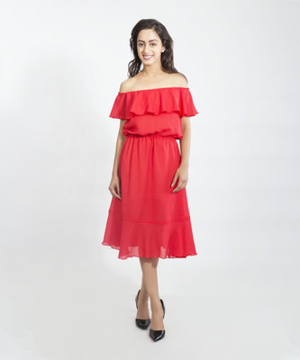 Delis Women Fit and Flare Red Midi/Calf Length Dress