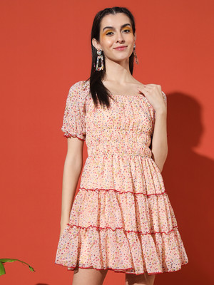 GLITO Women Fit and Flare Orange Above Knee/Mid Thigh Length Dress