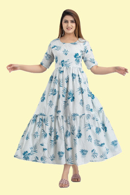 HouseOfCommon Women Fit and Flare Blue, White Midi/Calf Length Dress