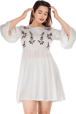 MARISY Women A-line White Above Knee/Mid Thigh Length Dress