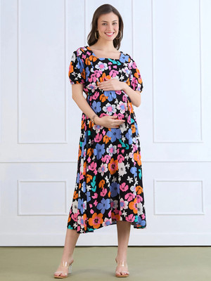 MomToBe Women A-line Multicolor Midi/Calf Length Dress