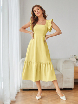 Sugathari Women Fit and Flare Yellow Midi/Calf Length Dress