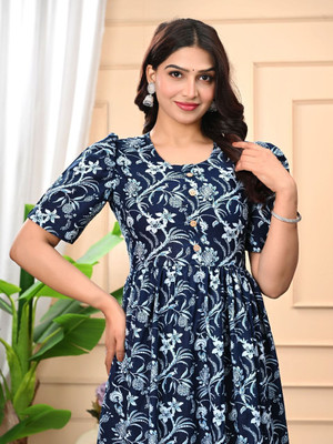 Mawlya Women Gathered Blue Midi/Calf Length Dress