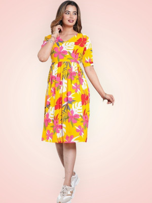 K K CREATION Women Gown Yellow Knee Length Dress