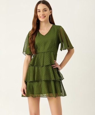 SLENOR Women A-line Dark Green Above Knee/Mid Thigh Length Dress