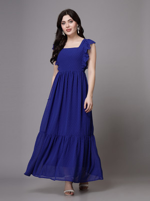 AAYU Women Fit and Flare Dark Blue Maxi/Full Length Dress