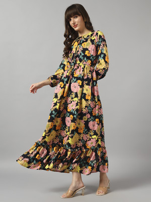 Jash Creation Women Fit and Flare Yellow Midi/Calf Length Dress