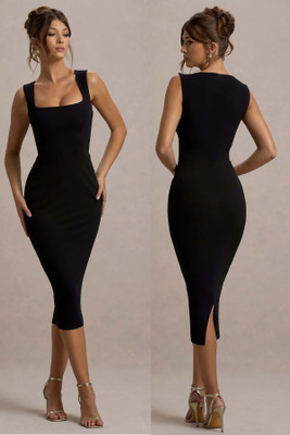 WANQUILA Women Bodycon Black Below Knee Dress