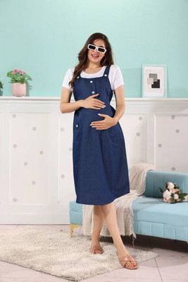 EASYMOM Women A-line Dark Blue Midi/Calf Length Dress