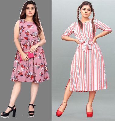 tanvi creation Women Fit and Flare Pink Below Knee Dress