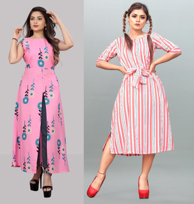 tanvi creation Women Fit and Flare Pink Below Knee Dress