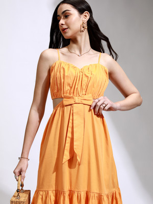 Tokyo Talkies Women Fit and Flare Orange Knee Length Dress