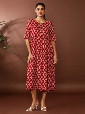 Jaipur Kurti Women A-line Red Midi/Calf Length Dress