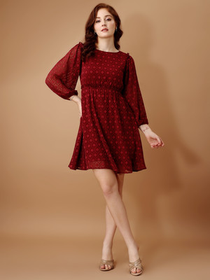 Dressberry Women Fit and Flare Maroon Above Knee/Mid Thigh Length Dress