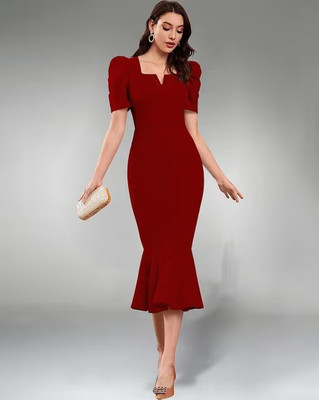 Japna Women Asymmetric Maroon Midi/Calf Length Dress