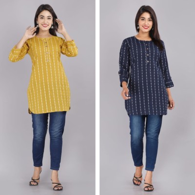 AK FUSION Women Printed A-line Kurta(Yellow, Dark Blue, White)