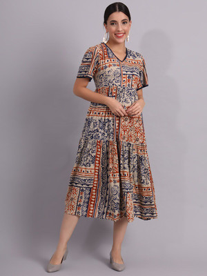 Sangria Women Fit and Flare Beige Midi/Calf Length Dress