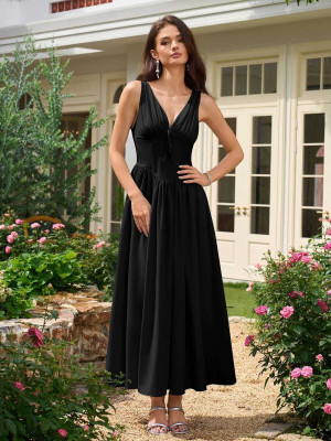WANQUILA Women Fit and Flare Black Maxi/Full Length Dress
