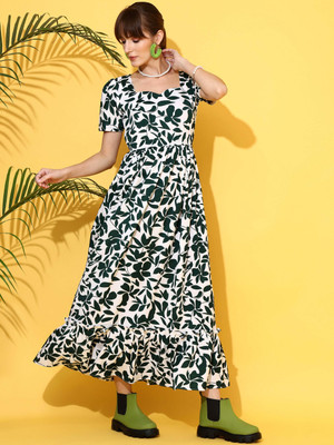 Sheetal Associates Women Fit and Flare White, Green Maxi/Full Length Dress
