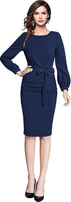 HEER FASHION Women Bodycon Blue Knee Length Dress