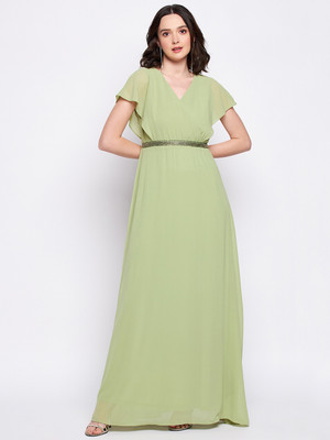 MADAME Women Fit and Flare Light Green Maxi/Full Length Dress