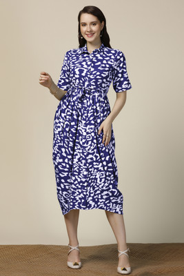Ompax Women A-line Dark Blue Midi/Calf Length Dress