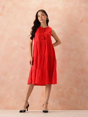 all about you Women A-line Red Midi/Calf Length Dress