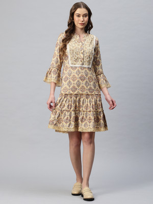 Cottinfab Women Fit and Flare Beige, Gold Knee Length Dress