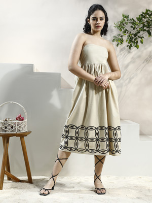 ATHENA Women Fit and Flare Beige Midi/Calf Length Dress