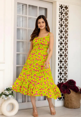 Jollity Women Fit and Flare Yellow Below Knee Dress