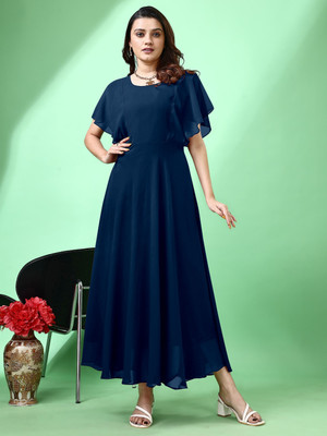 Fashion2wear Women Fit and Flare Dark Blue Maxi/Full Length Dress