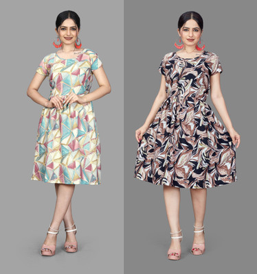 varudifeb Women A-line Multicolor Below Knee Dress