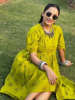 Janasya Women Fit and Flare Green Dress