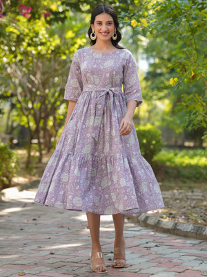 Janasya Women Tiered Purple Midi/Calf Length Dress