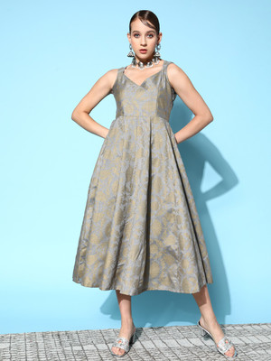 Shae by SASSAFRAS Women Fit and Flare Grey Midi/Calf Length Dress