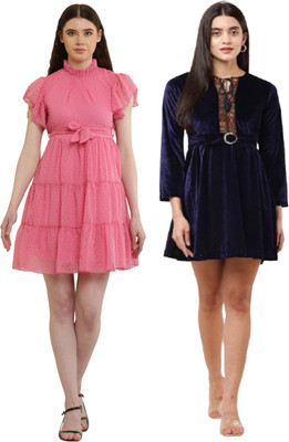 Hunoor Women Fit and Flare Light Blue, Pink Midi/Calf Length Dress