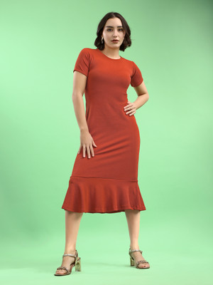PURVAJA Women Bodycon Brown Below Knee Dress