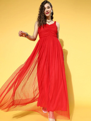 Moda Rapido Women A-line Red Maxi/Full Length Dress