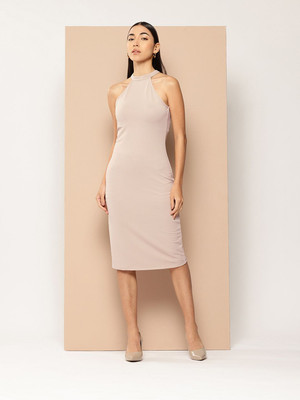 CHEMISTRY Women Bodycon Beige Below Knee Dress