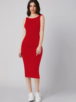 Toochki Women Bodycon Red Midi/Calf Length Dress
