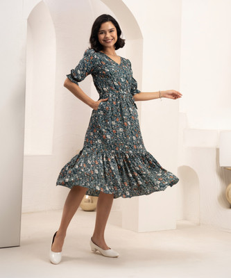 AASK Women Fit and Flare Multicolor Midi/Calf Length Dress