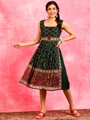 ANOUK Women Fit and Flare Green Below Knee Dress