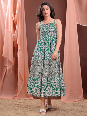 PURVAJA Women Tiered Green Maxi/Full Length Dress
