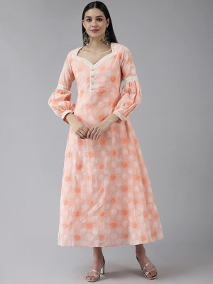Yufta Women Maxi White, Orange Dress