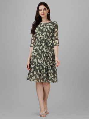 vrfashions Women A-line Green Knee Length Dress