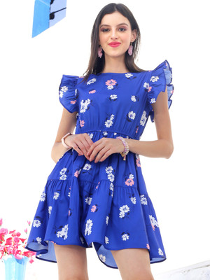 Sera Women Fit and Flare Blue Above Knee/Mid Thigh Length Dress