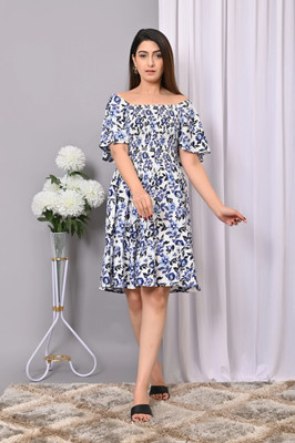 VYMO Women Fit and Flare White, Blue Above Knee/Mid Thigh Length Dress