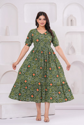 Laaj Women Printed Flared Kurta(Green)