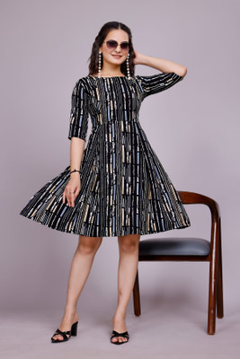 Gurudev Fashiion Women Fit and Flare Black Knee Length Dress