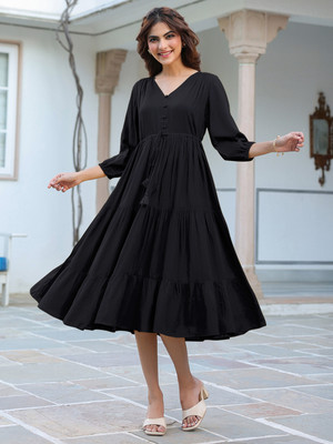 Janasya Women Tiered Black Midi/Calf Length Dress